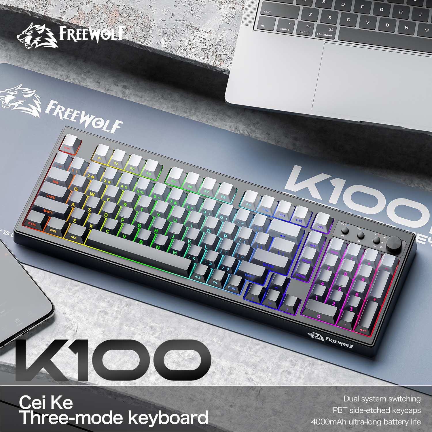 Keyboard Gaming Mac - FREEWOLF k100 3모드 무소음 게이밍 키보드,