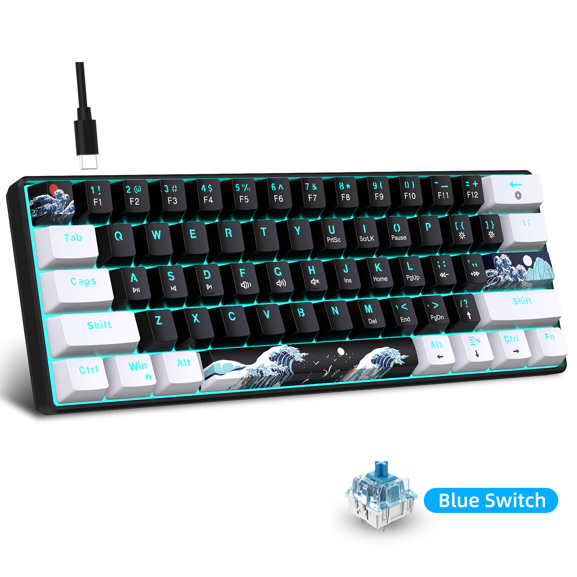Keyboard Gaming Blue Switch - 60% 기계식 키보드, 파란색 스위치가 있는