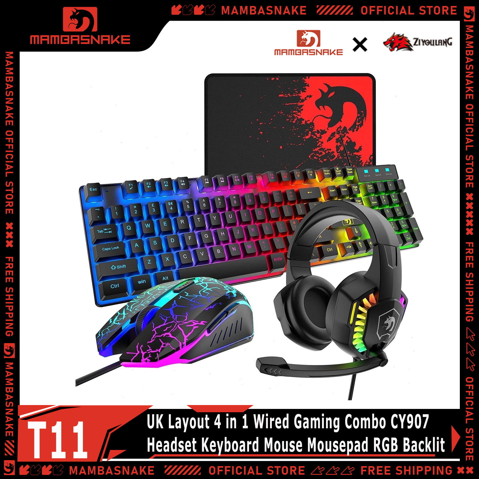 Gaming Keyboard Mouse And Headset Combo - 맘바스네이크 X 지유랑 T11 UK 레이아웃