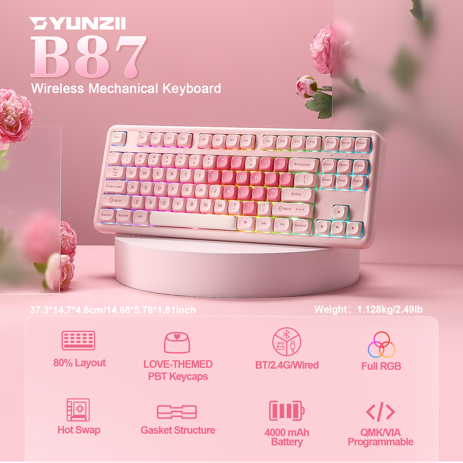 YUNZII B87 핑크 기계식 게임용 키보드, QMK - Keyboard Gaming Mac 리뷰 및 가격